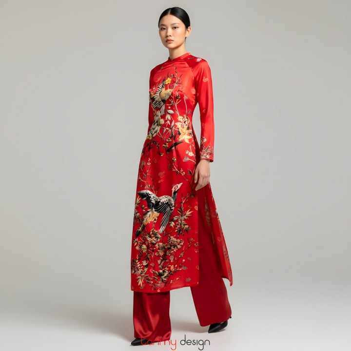 Áo dài lụa in họa tiết hoa lá/chim dài tay đỏ S